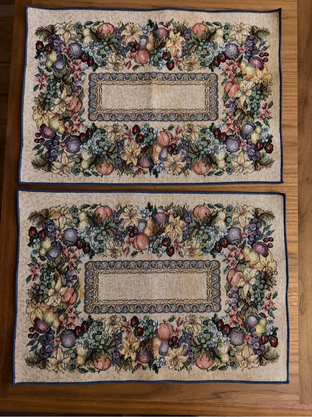 Floral Fruit Tapestry Placemat Pair in Cream and Blue